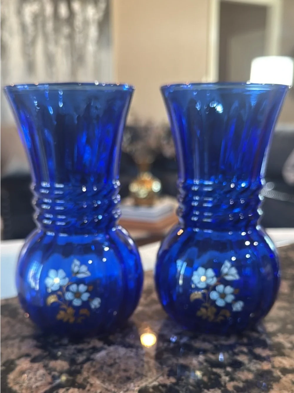 Cobalt Blue Glass Vases Gold Gilt Dogwood Flower Fluted Trumpet Vintage (set)